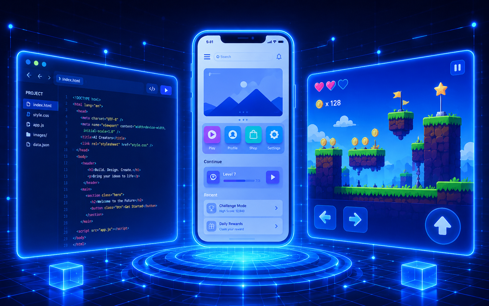 Webサイト、スマートフォンアプリ、ゲームを制作するイメージ